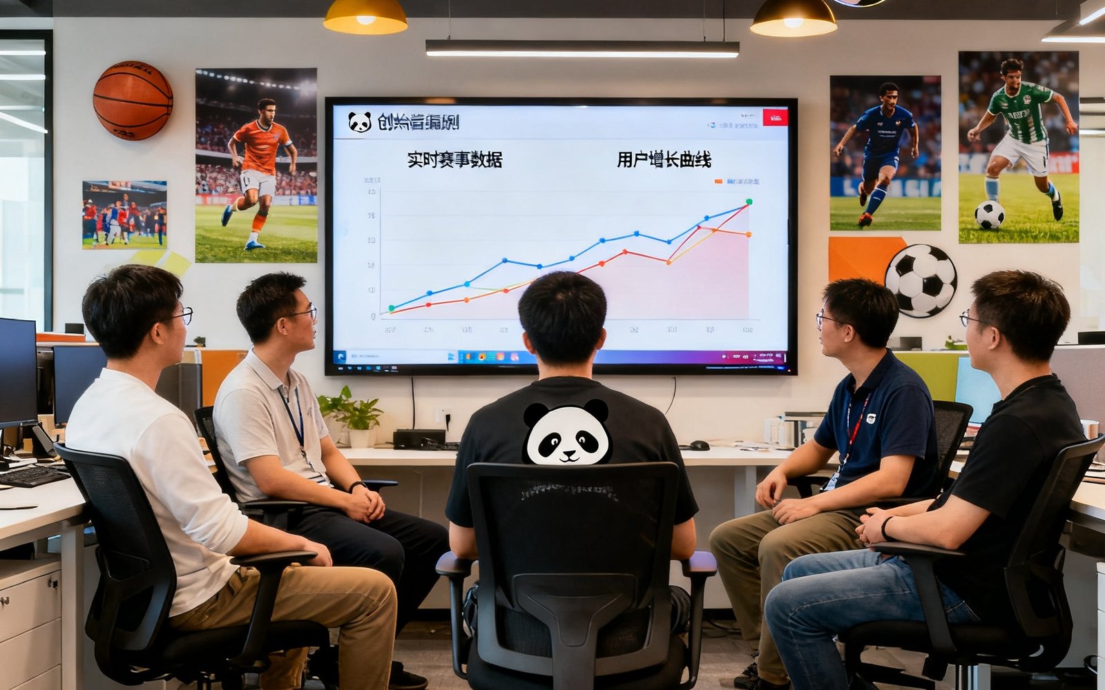 熊猫比分创始团队五位成员围坐在开放式办公区的大屏幕前讨论产品迭代方案，屏幕上显示着实时赛事数据和用户增长曲线，办公环境充满体育元素装饰