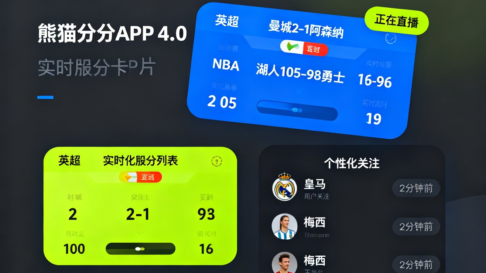 熊猫比分APP4.0版本的全新界面截图，展示深色模式下实时比分卡片和个性化关注列表的设计