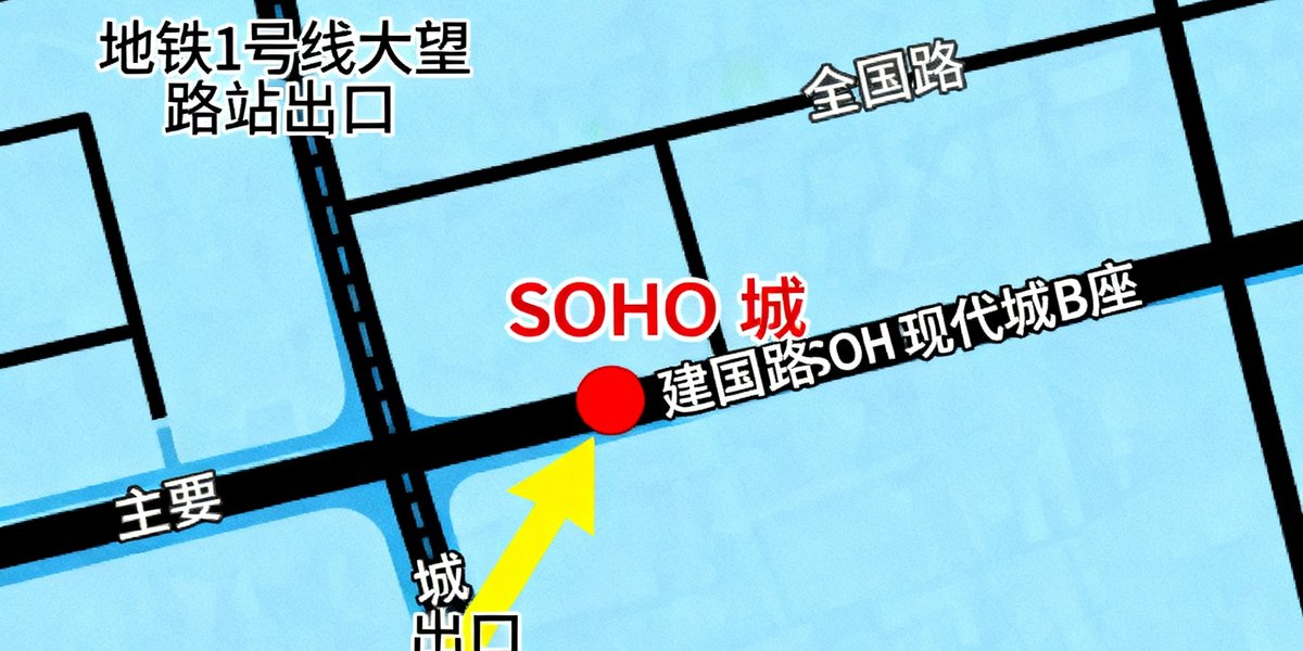 熊猫比分公司总部所在的北京市朝阳区建国路88号SOHO现代城B座地理位置地图，标注了地铁1号线大望路站出口及周边主要道路