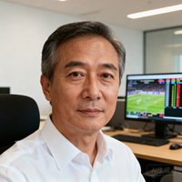 一位中年男性商务人士头像，穿着衬衫在办公室内，他是体育媒体公司的技术负责人